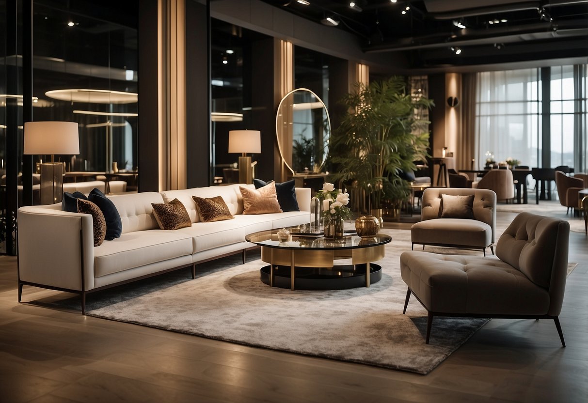 A spacious showroom filled with elegant, modern furniture. Soft lighting highlights the luxurious materials and sleek designs. Rich wood, plush fabrics, and metallic accents create a sophisticated atmosphere