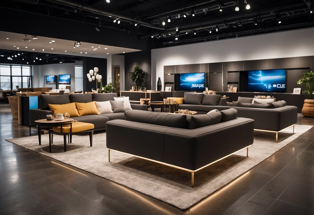 The showroom displays modern furniture in various settings, with clear signage and organized sections for easy browsing