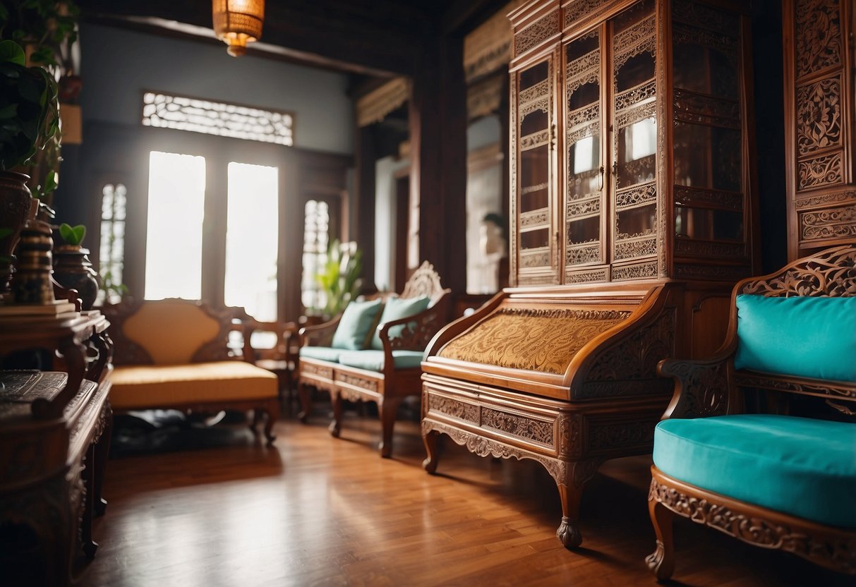 A collection of Peranakan furniture displayed in a bright, well-lit room with intricate carvings and vibrant colors