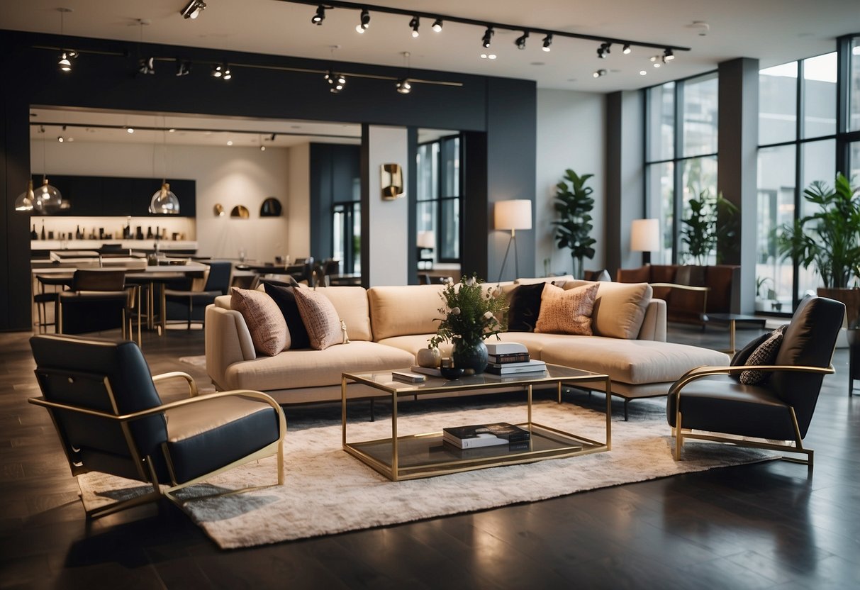 A modern, spacious showroom with sleek, designer furniture displayed in well-lit, elegant settings. Customers browsing through luxurious sofas, chairs, and tables, while knowledgeable staff assist with inquiries