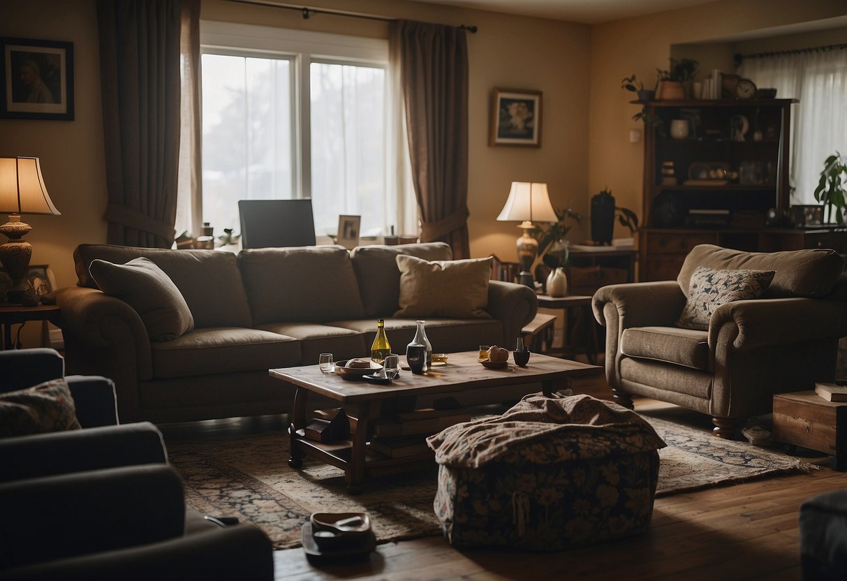 A living room filled with various pieces of furniture arranged in a chaotic manner, with chairs, tables, and lamps scattered around as if they were engaged in a fierce battle