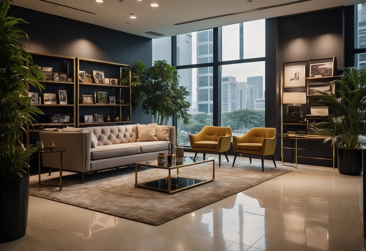 A sleek, modern furniture showroom with elegant displays and signage for "Frequently Asked Questions" in Singapore