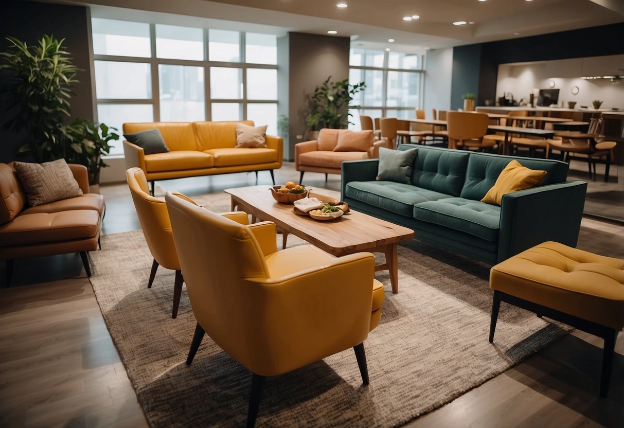 Various types of furniture arranged in a spacious room, including chairs, tables, and sofas. The furniture is of different styles and materials, creating a diverse and interesting scene