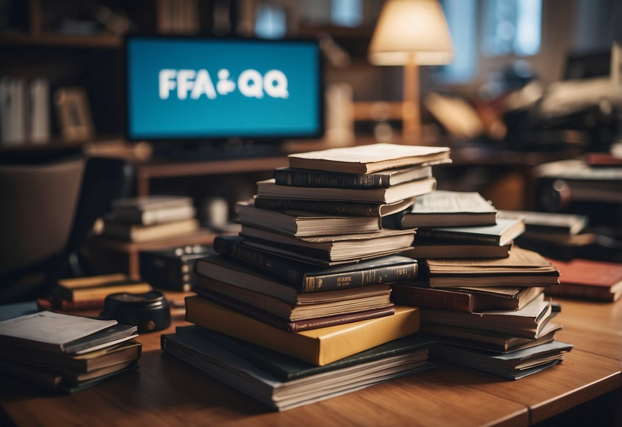 A stack of FAQ furniture items sits in a cluttered room