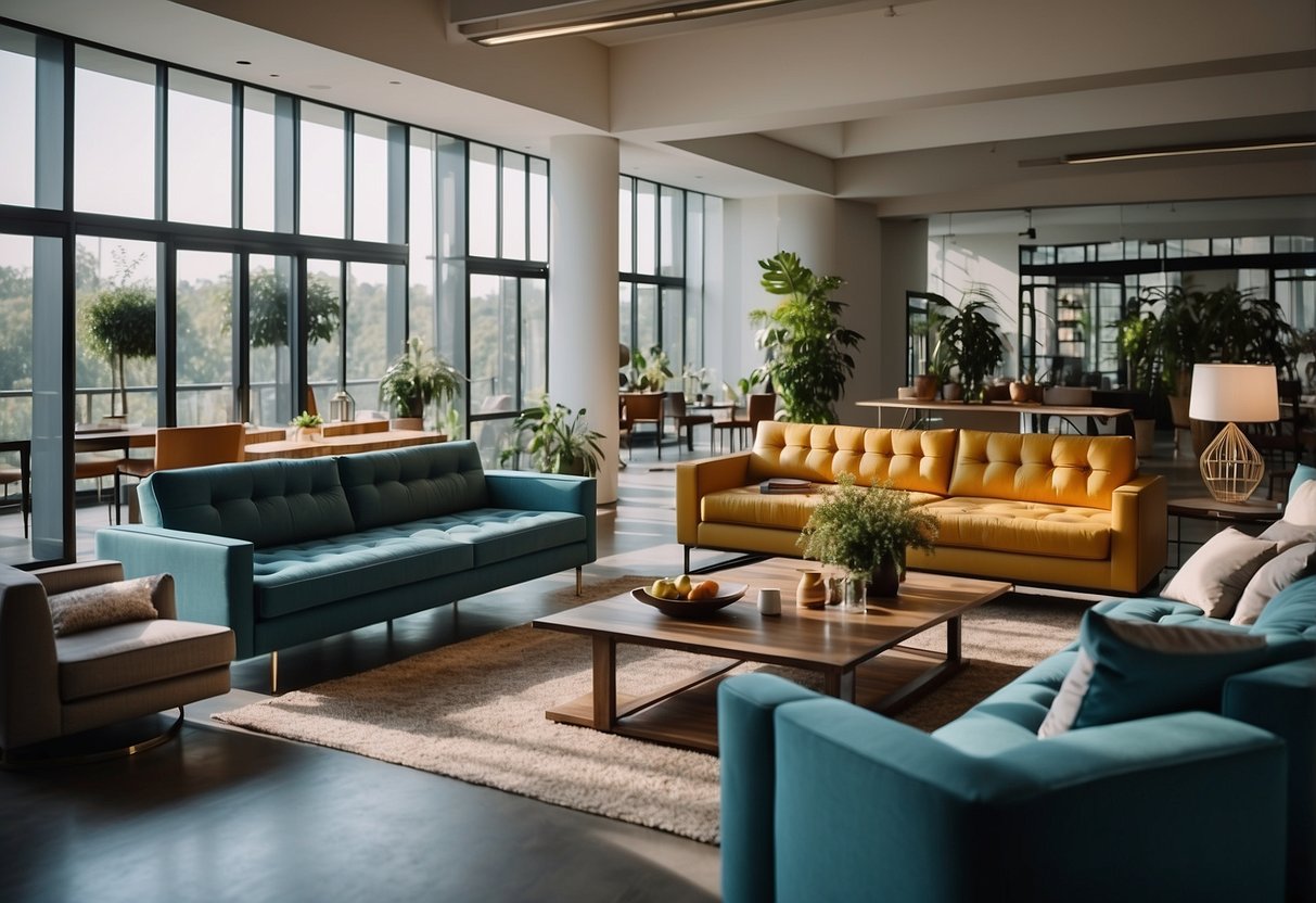 A spacious showroom displays modern furniture in various styles and colors, with natural light streaming in through large windows