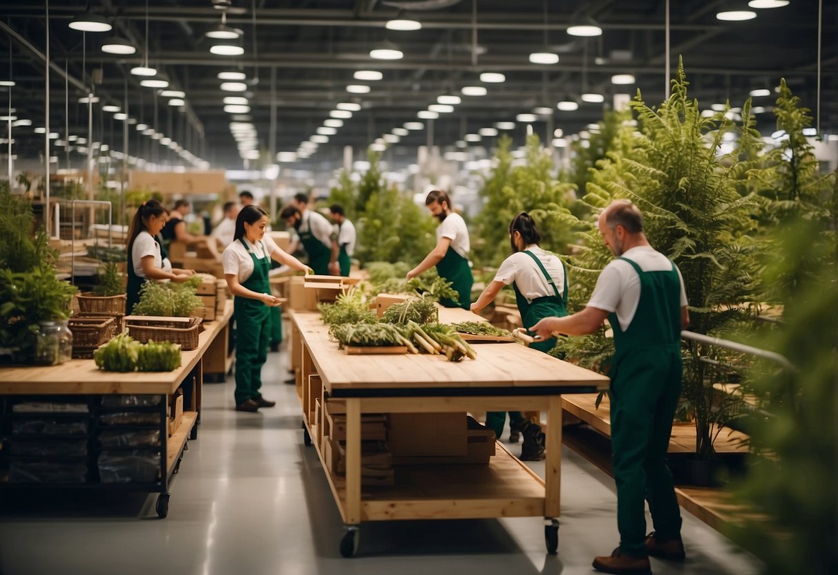 A forest with trees being sustainably harvested, workers crafting eco-friendly furniture, and customers happily purchasing sustainable products at IKEA