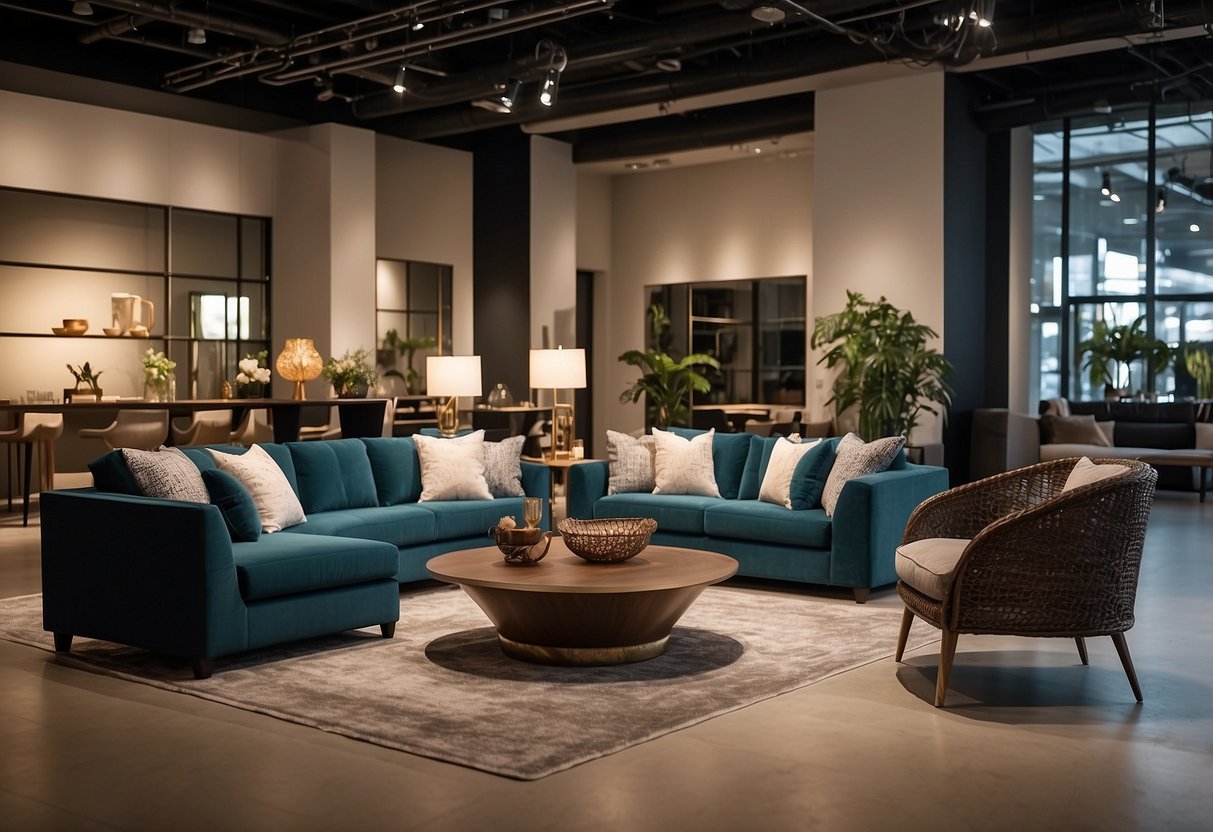 A bustling furniture showroom with modern designs and warm lighting. Various pieces are displayed, from sleek sofas to elegant dining sets