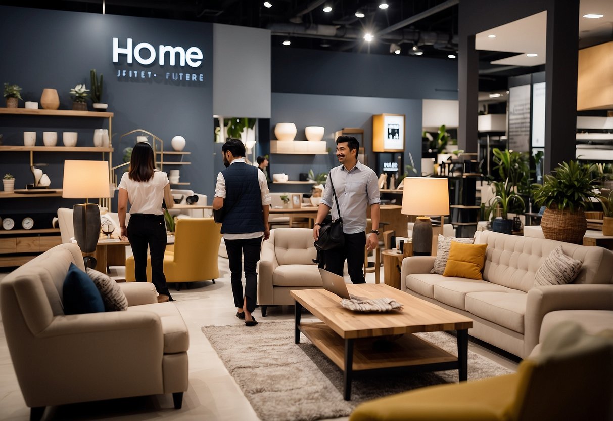 A busy furniture showroom with customers browsing, staff assisting, and signage displaying "Frequently Asked Questions" at ihome furniture in Melaka