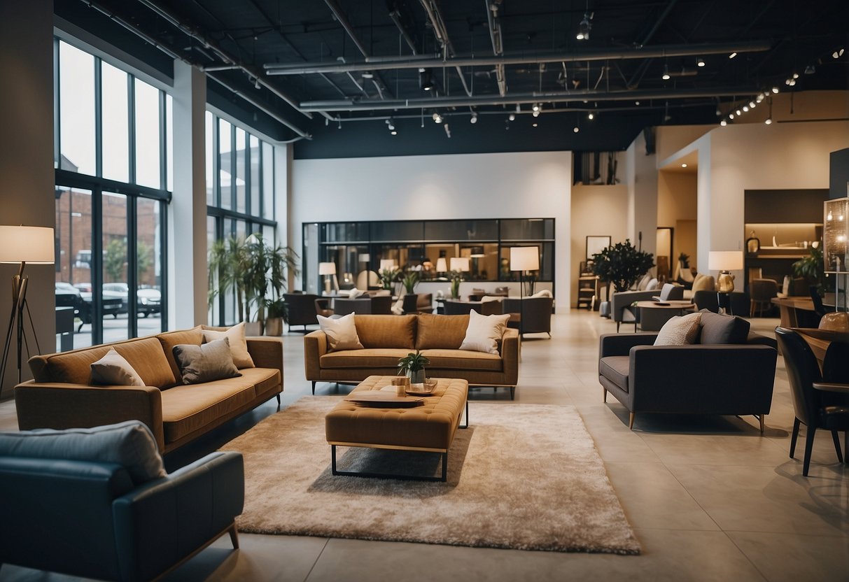 A bustling furniture showroom with various styles and designs on display, customers browsing and staff assisting