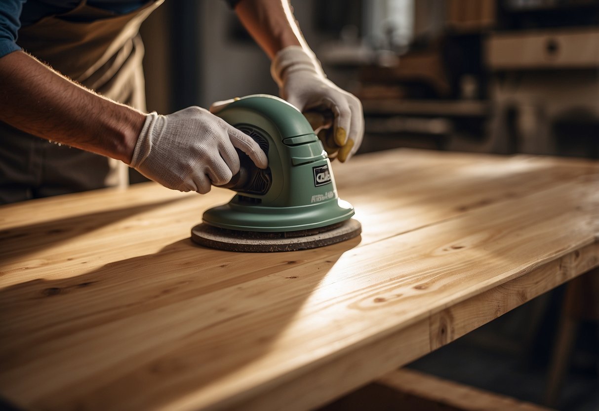 A person sanding a pine wood table, applying a clear finish, and polishing it with a cloth