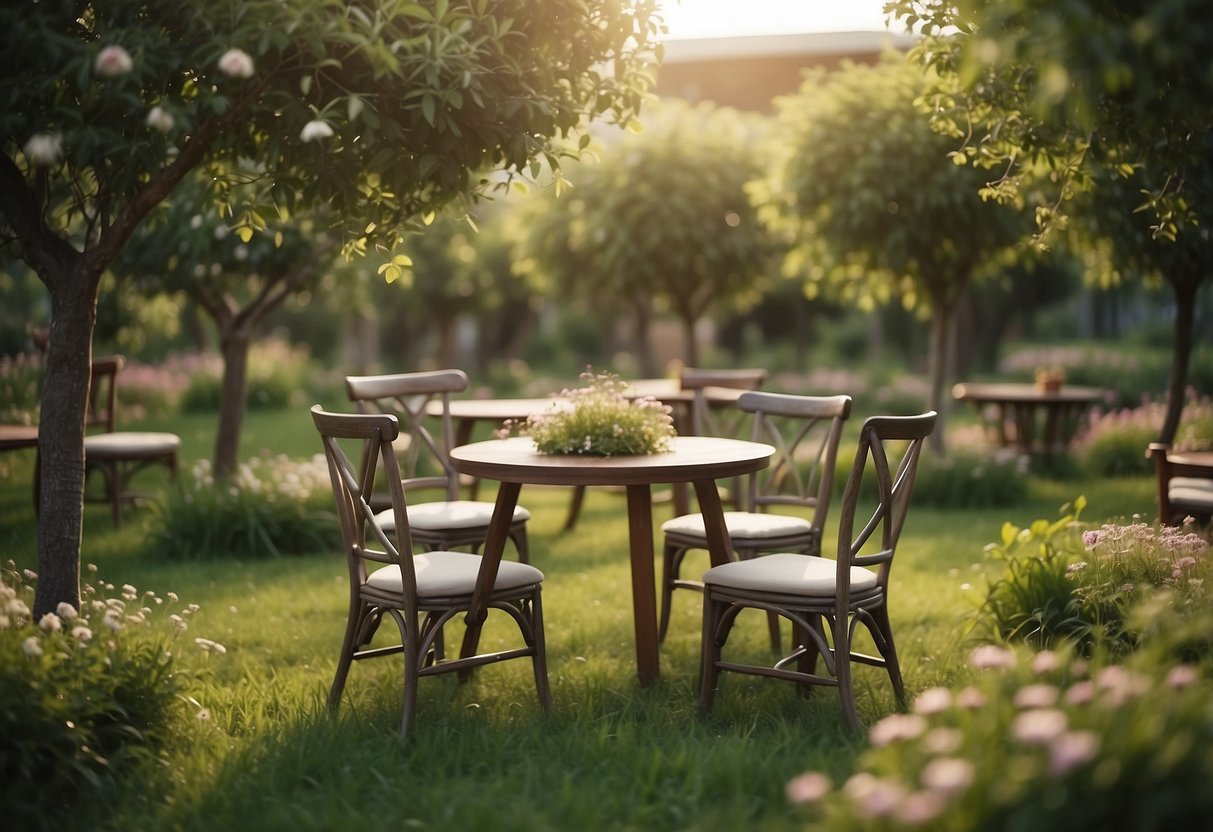 A lush orchard with trees made of furniture, like chairs and tables, growing among the grass and flowers