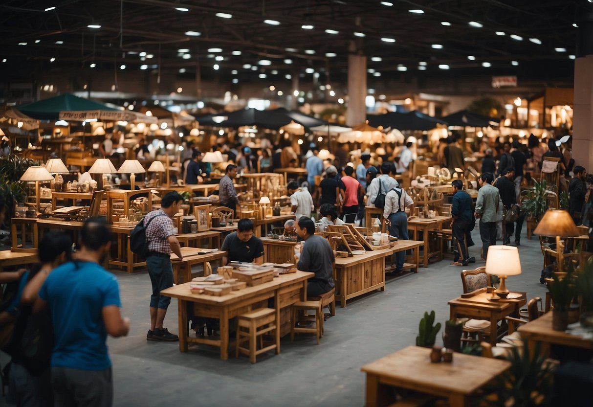 A bustling marketplace with people trading furniture, haggling and negotiating prices. Various types of furniture are on display, from chairs and tables to couches and cabinets