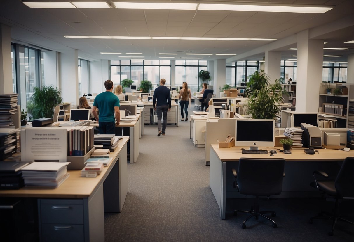 A busy office with people asking questions and browsing furniture. Shelves filled with catalogues and a large desk with a computer
