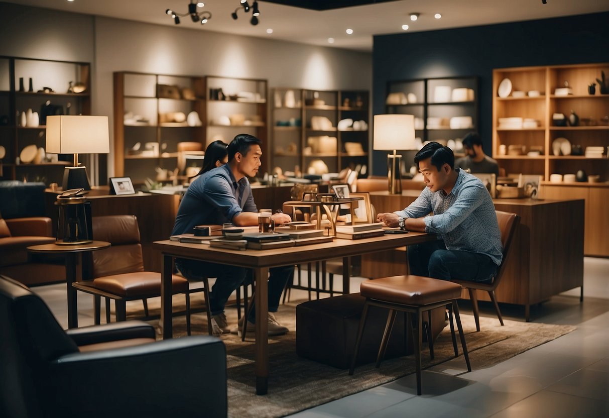 Customers browsing through modern and vintage furniture displays in busy Orchard Road stores