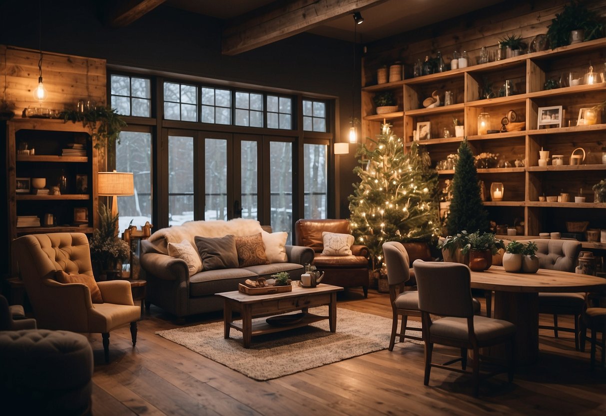 A cozy woodlands furniture shop with rustic wooden shelves, vintage chairs, and warm lighting