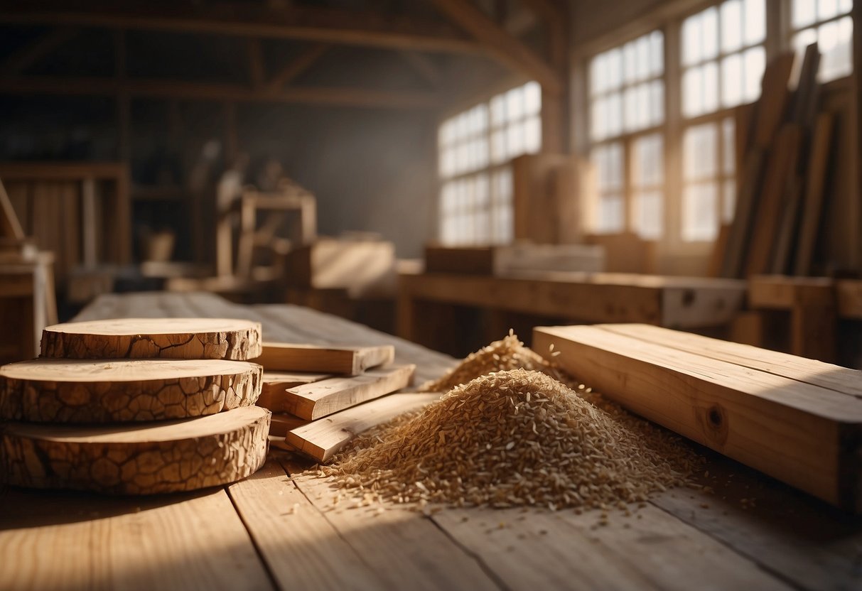Various types of wood (oak, pine, walnut) arranged in a workshop. Sawdust and tools scattered around. Light streaming in from a window