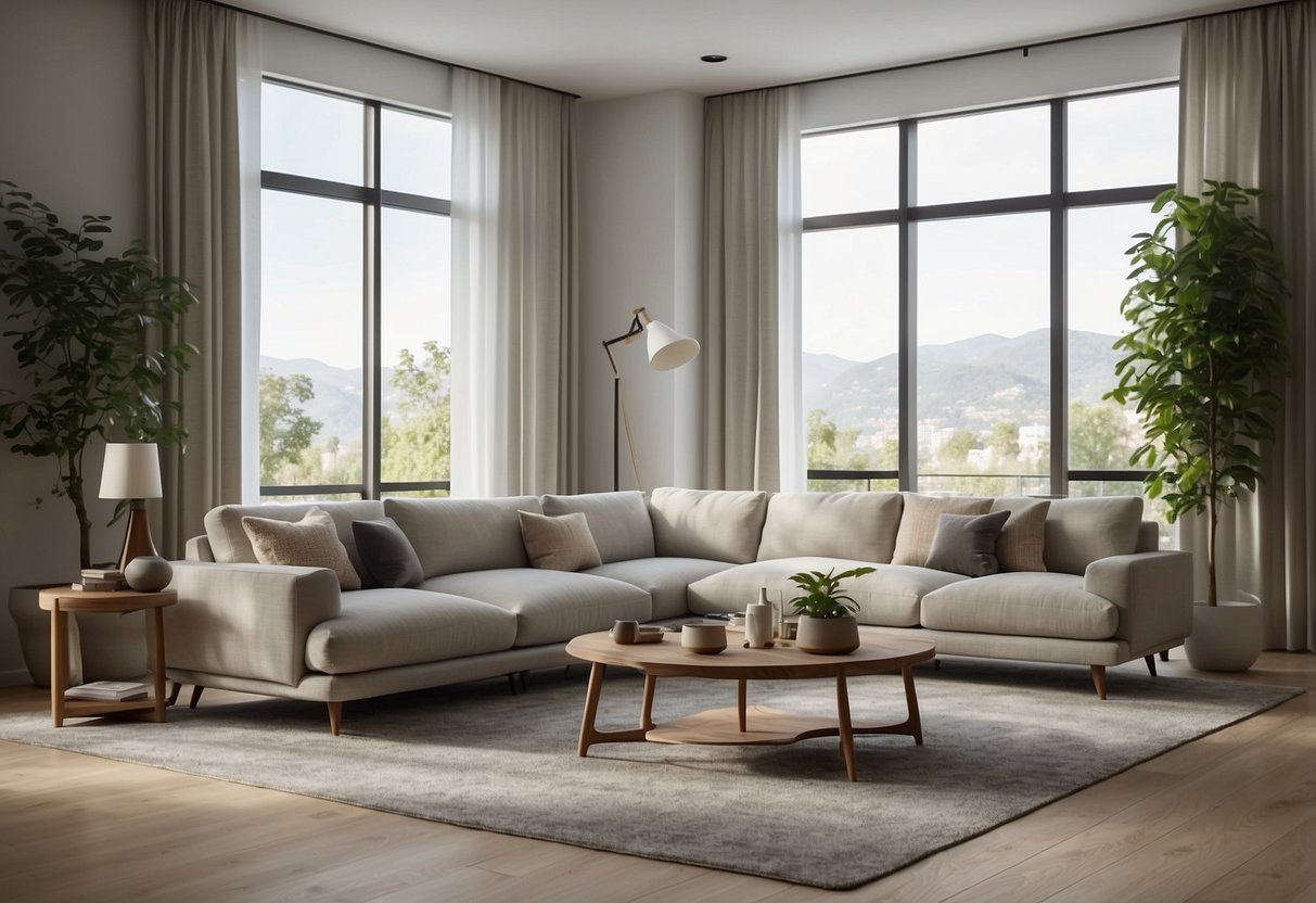 A modern living room with sleek furniture, clean lines, and neutral colors. The space is well-lit with natural light, and the furniture is arranged in a functional and stylish manner