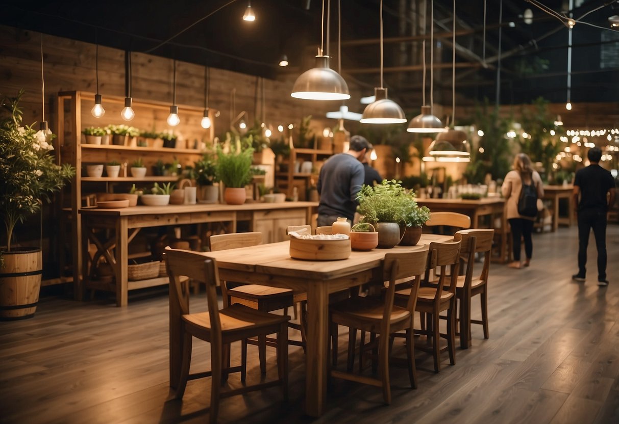Customers browsing rustic wooden furniture in a cozy shop with warm lighting and greenery