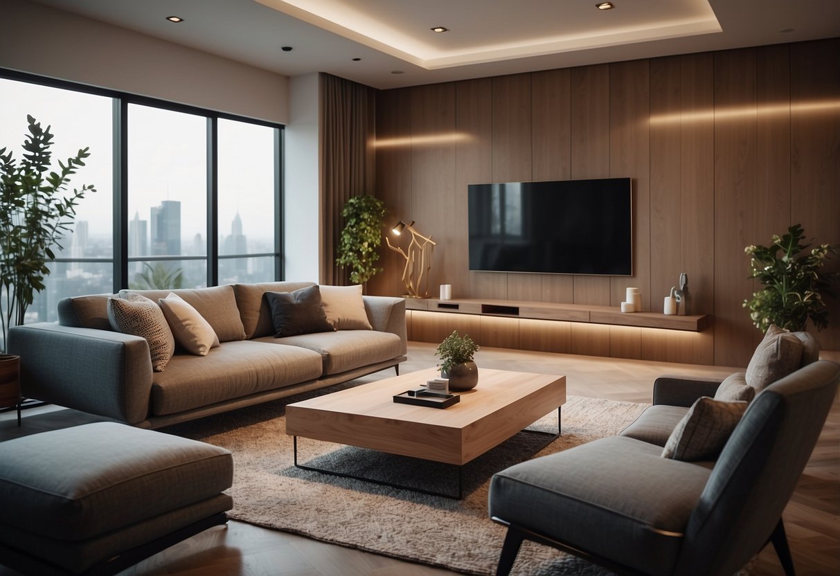 A modern living room with sleek furniture, soft lighting, and a cozy ambiance. The focus is on the detailed textures and realistic materials of the rendered furniture pieces