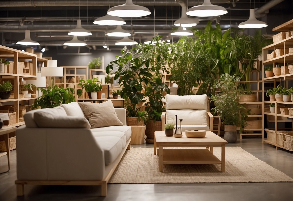 A room filled with various sustainable furniture pieces from IKEA, including chairs, tables, and shelves. The furniture is made from natural and recycled materials, showcasing the company's commitment to sustainability