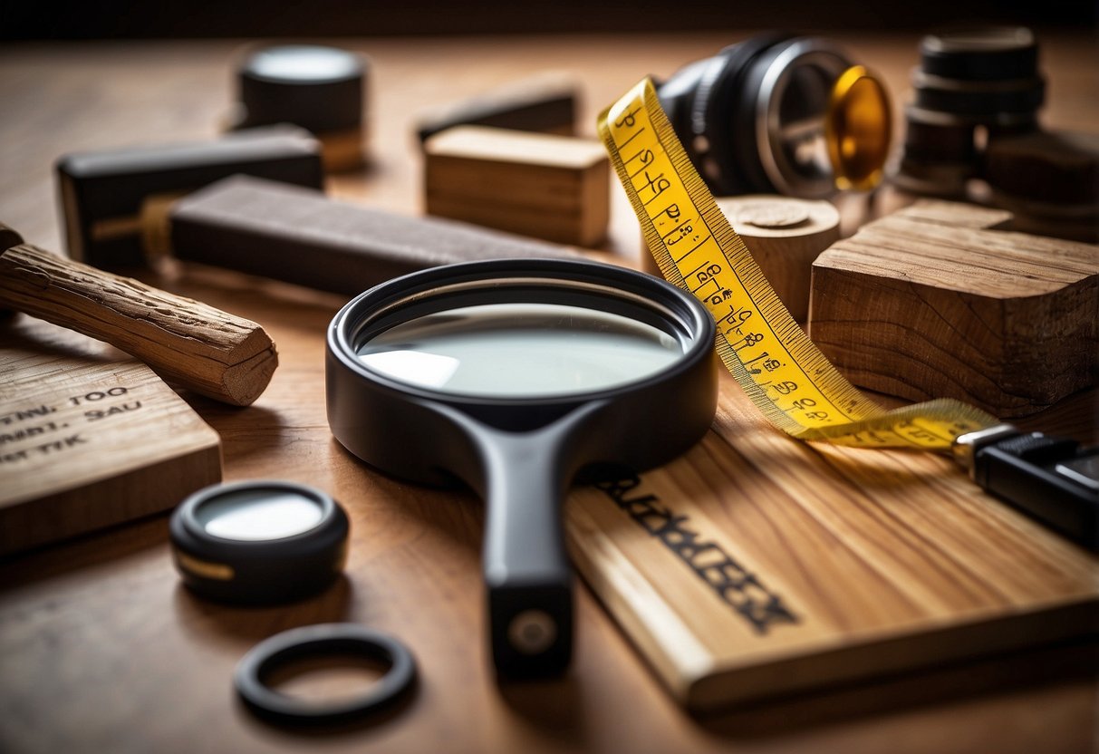 Various wood samples arranged on a table, labeled with their names and properties. A measuring tape and a magnifying glass are nearby