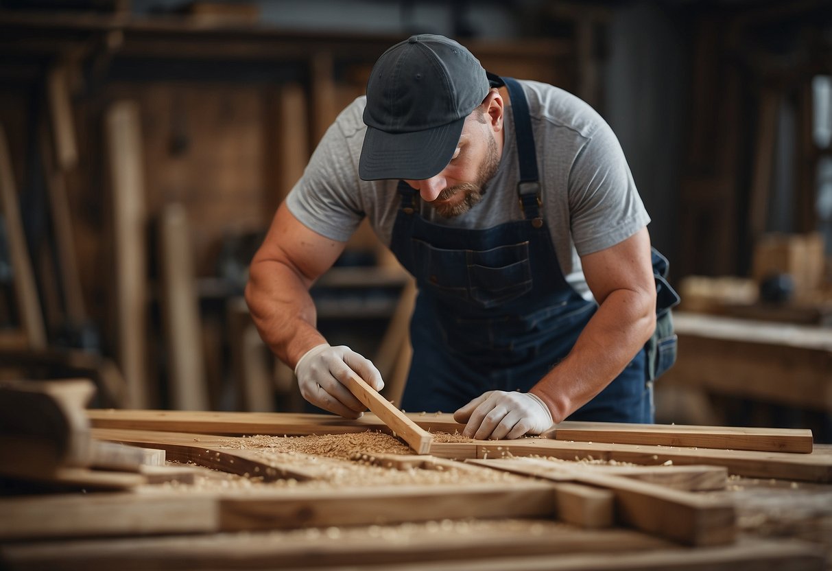 A carpenter sorts through various types of wood, carefully examining the grain and texture for different furniture pieces