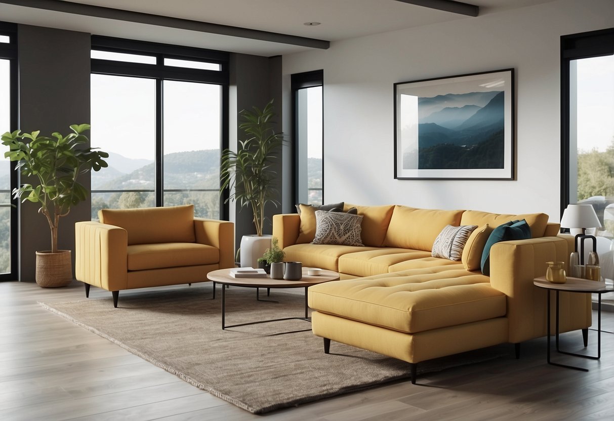 A modern living room with 3D-rendered furniture, including a sofa, coffee table, and chairs. Bright lighting and clean, minimalist decor create a welcoming atmosphere