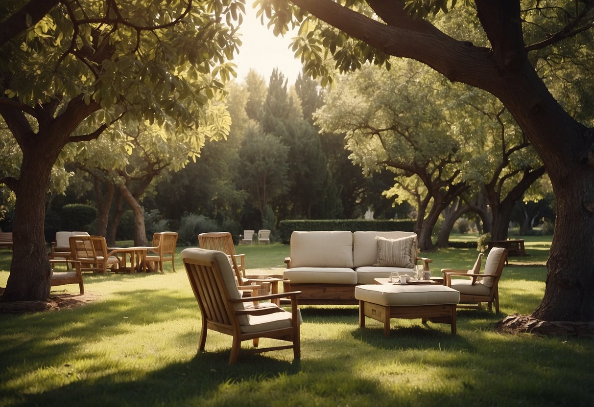A lush orchard with furniture scattered among the trees. A sign reads "Frequently Asked Questions" in bold letters