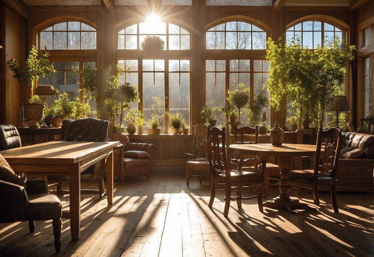 Customers browsing woodlands furniture shop, admiring rustic oak tables and cozy armchairs. Sunlight streams through the large windows, casting a warm glow on the elegant displays