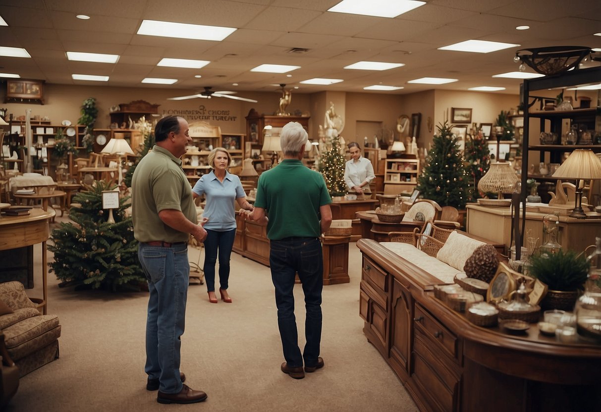 The woodlands furniture shop bustles with customers browsing the displays. A friendly staff member assists a customer with a question. Shelves are neatly organized with a variety of home decor items