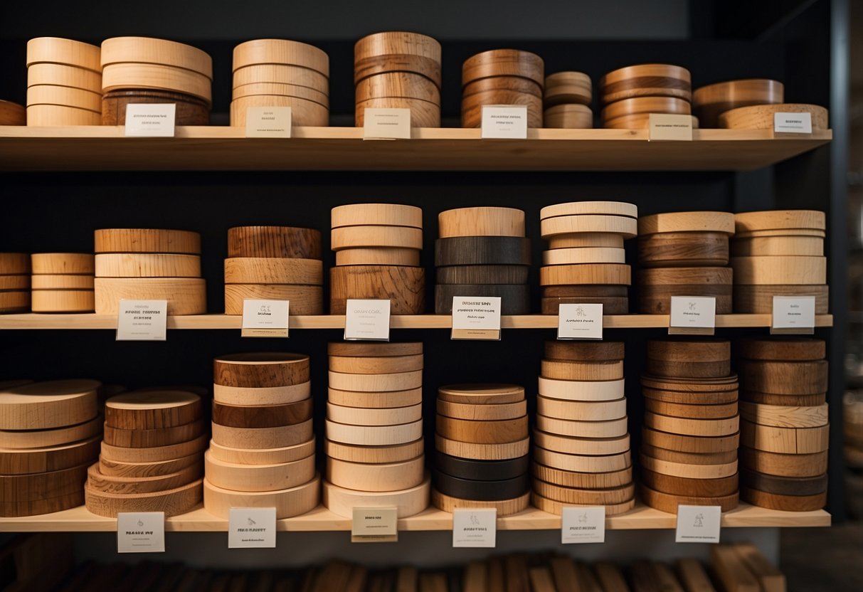 Various wood types (oak, pine, maple) displayed with labels. Customers browsing, asking questions
