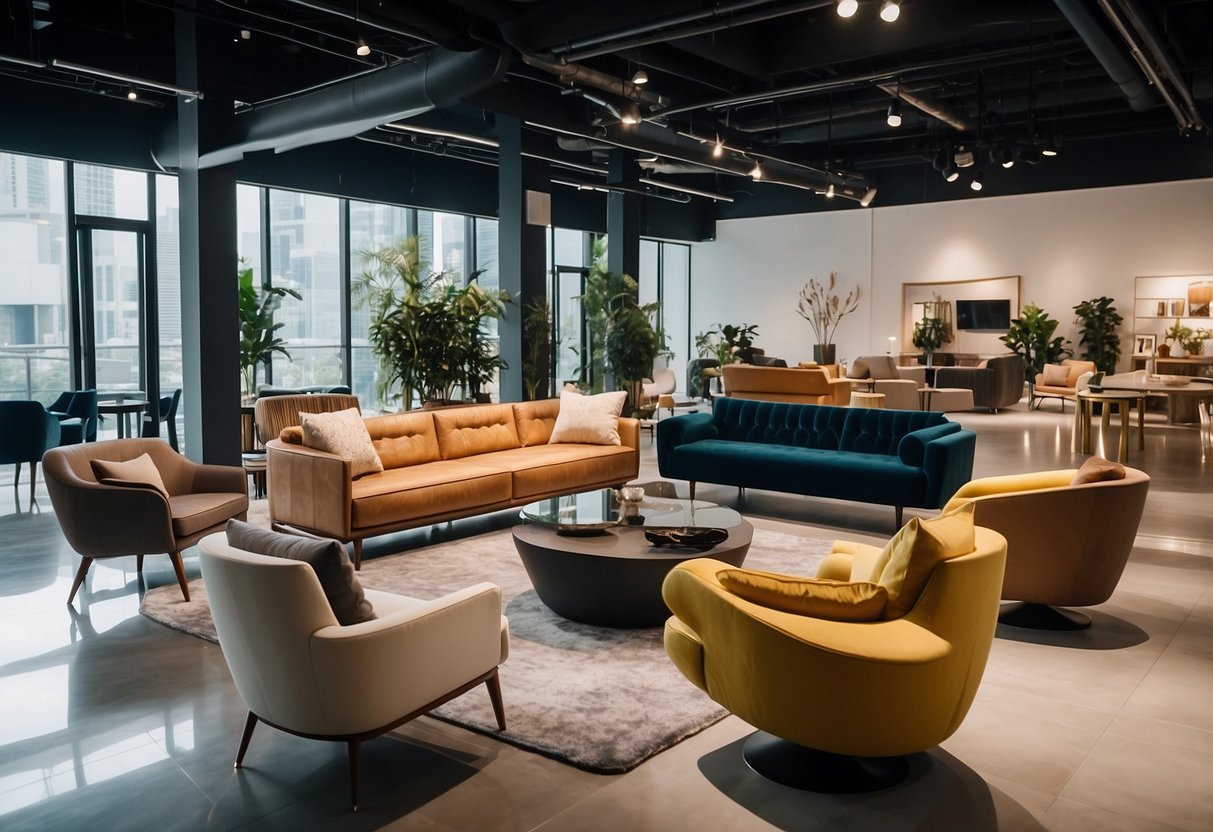 A spacious, well-lit showroom filled with modern and stylish furniture pieces, neatly arranged in different sections, showcasing the diverse range of options offered by furniture rental Singapore companies