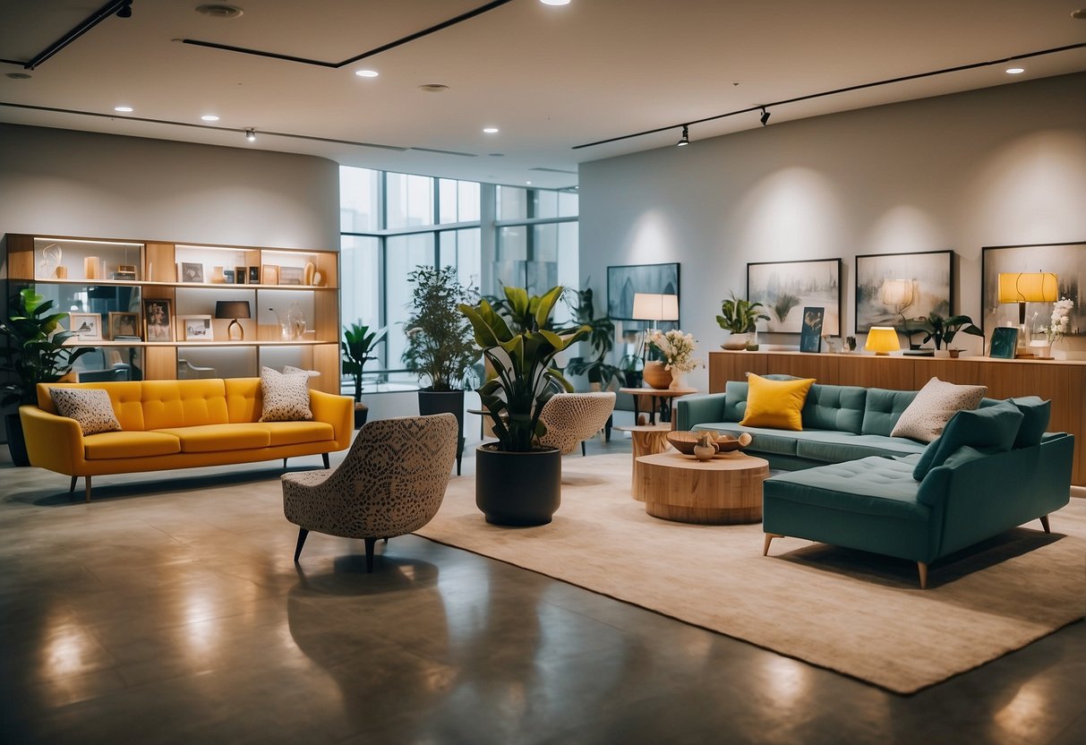 A person browsing through various furniture rental options in a bright and modern showroom in Singapore