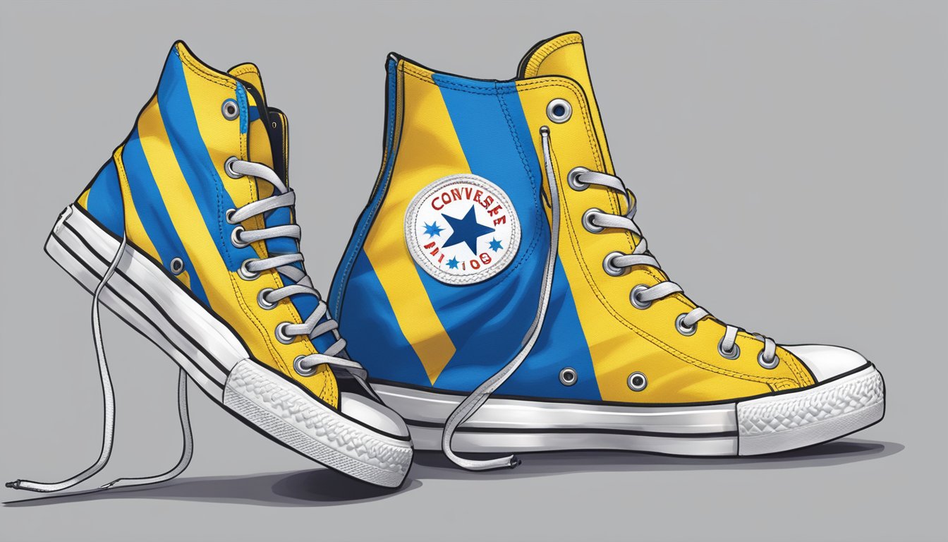 A pair of Converse sneakers with the colors of the Ukrainian flag and a small Ukrainian flag patch on the side