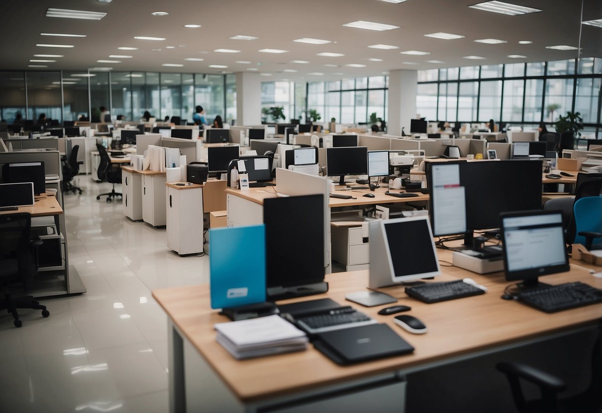 A bustling office with workers selecting furniture from various rental companies in Singapore. Catalogs and samples are spread out on tables