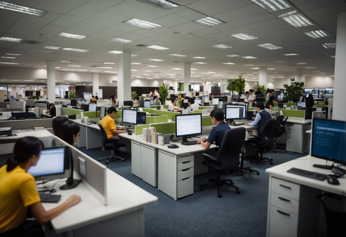 A busy office with employees lining up to ask questions at a rental furniture company in Singapore. Shelves of catalogs and a customer service desk are visible