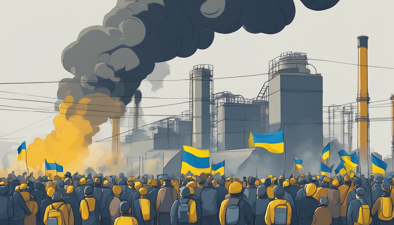 A factory emits smoke while a crowd protests with Ukrainian flags