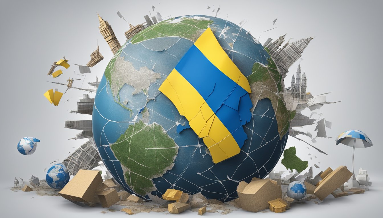 A broken globe with a visible crack running through Ukraine, surrounded by various objects symbolizing support and impact