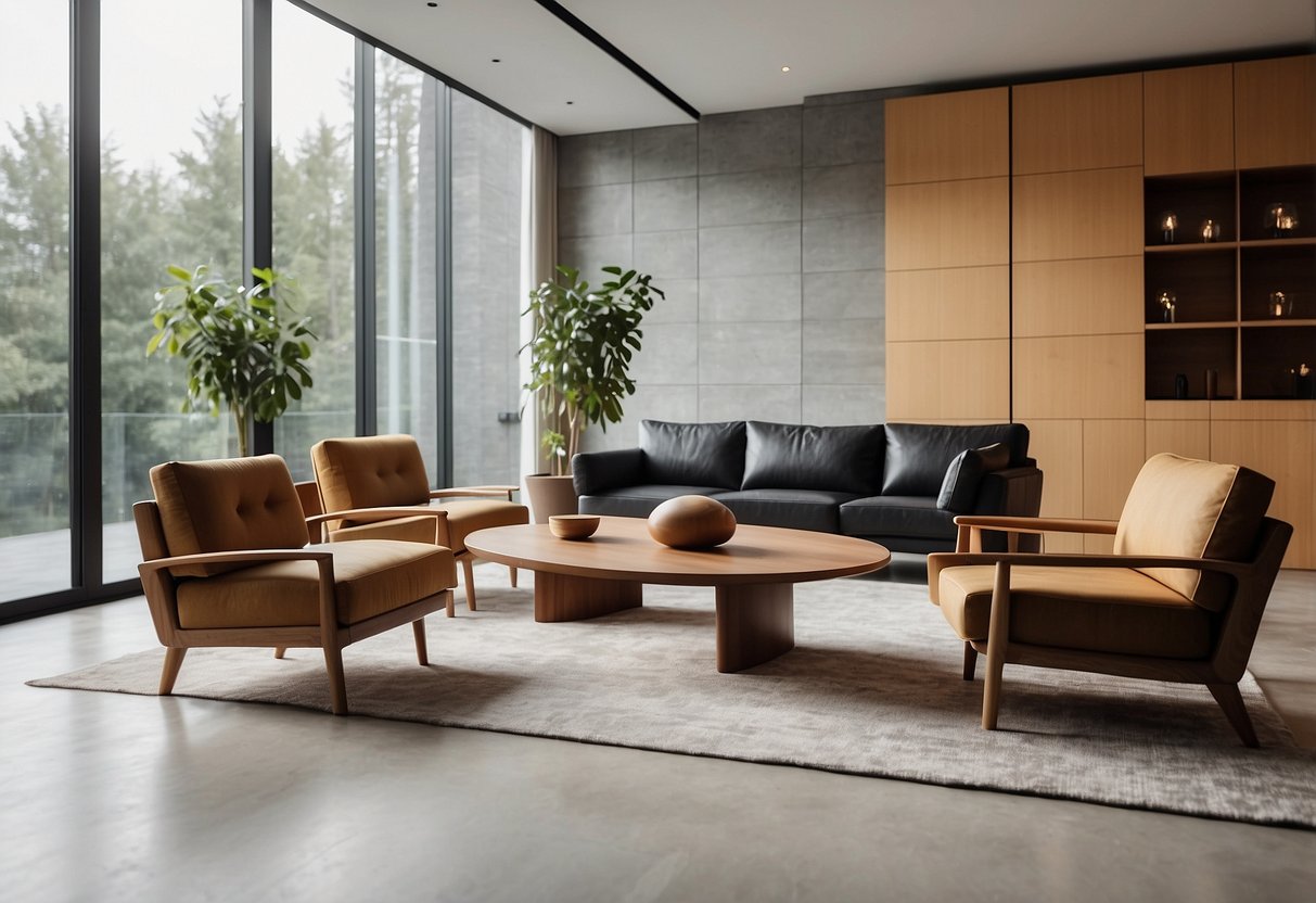 A well-lit furniture showcase with modern chairs, a sleek sofa, and a polished wooden coffee table. The display is arranged in an inviting and stylish manner