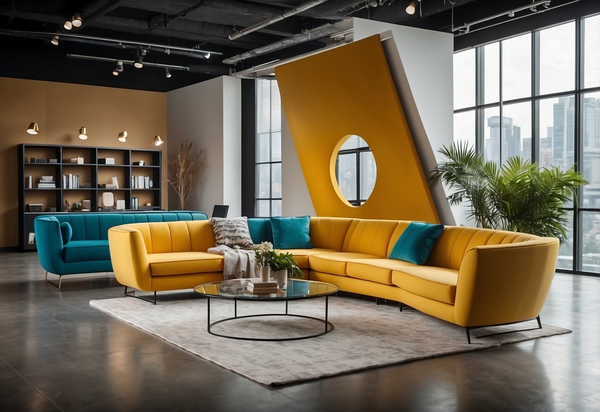 A modern furniture showcase with sleek lines and bold colors. Various pieces are arranged in a spacious, well-lit room, creating an inviting and stylish atmosphere