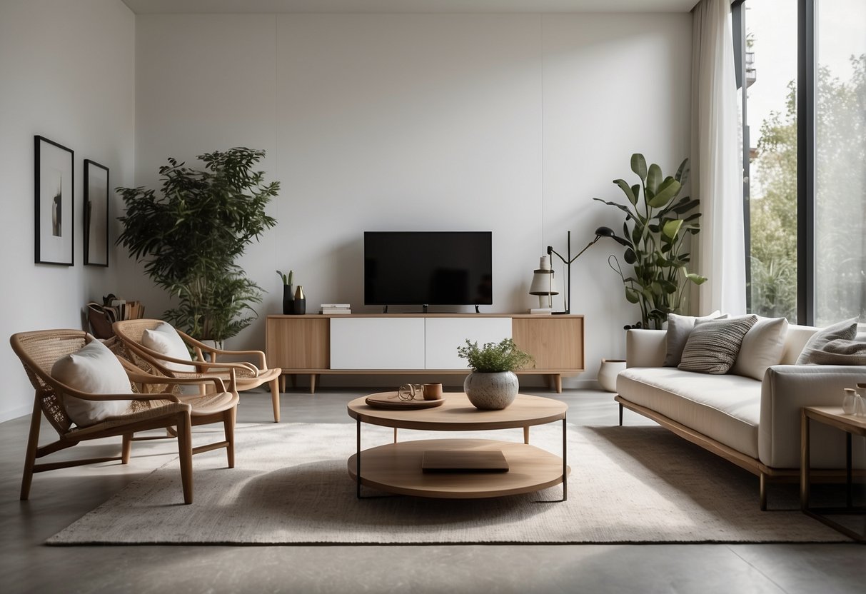 A modern living room with a sleek "Showcases" furniture showcase against a white wall, filled with elegant decor and surrounded by natural light