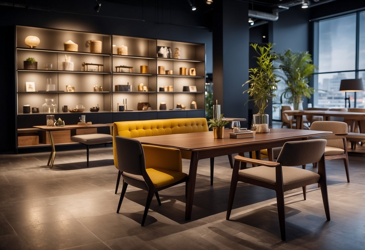A furniture showcase with various items displayed, including chairs, tables, and shelves. Bright lighting and clean, modern design