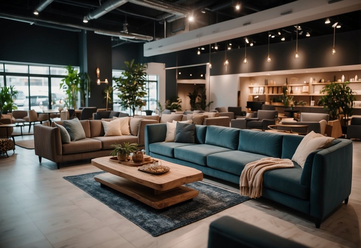 A spacious showroom with rows of stylish furniture, soft ambient lighting, and friendly staff assisting customers