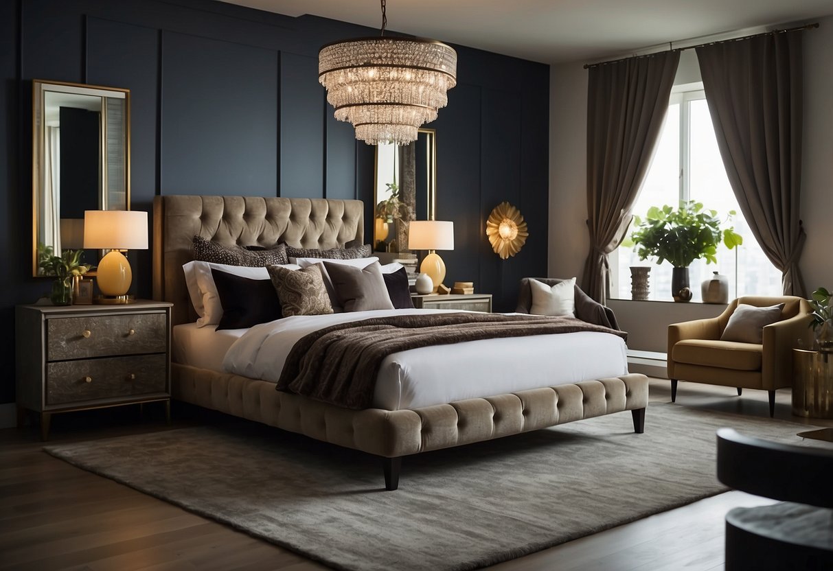 A cozy bedroom setting with a variety of stylish furniture pieces arranged in a showroom display. Rich colors and textures create an inviting atmosphere
