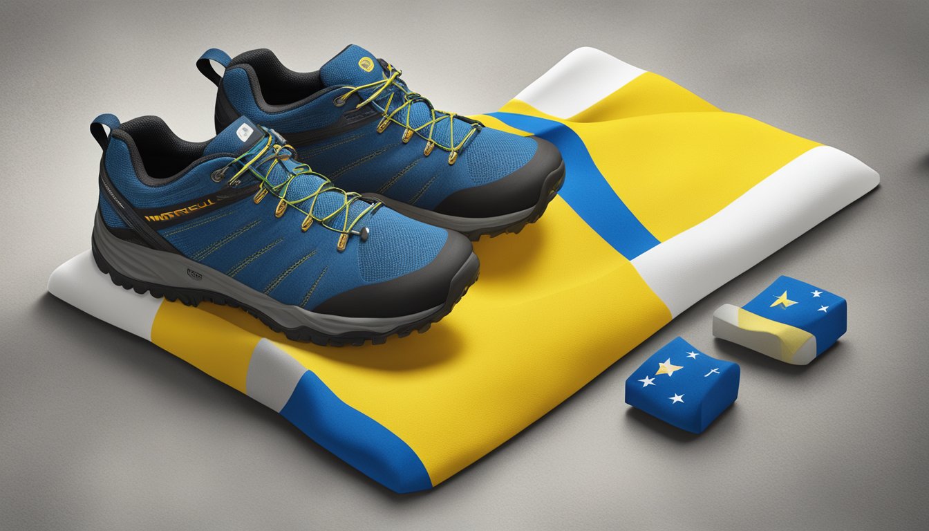 Merrell's logo and products displayed alongside Ukrainian flag, symbolizing support from the footwear industry