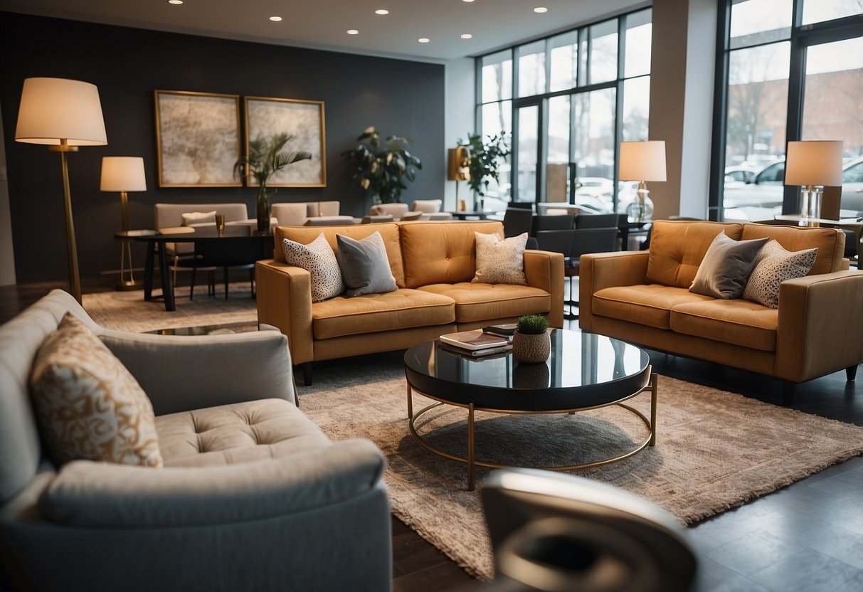 A spacious, well-lit furniture showroom with a wide variety of modern and traditional pieces displayed in stylish room settings. Customers browse comfortably