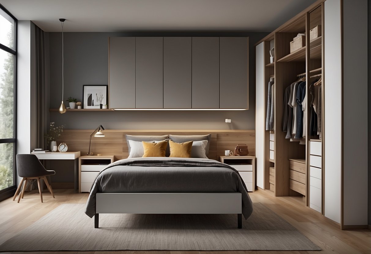 A bedroom with clever storage solutions: under bed drawers, wall-mounted shelves, and a wardrobe with sliding doors. B&Q clearance furniture maximizes space