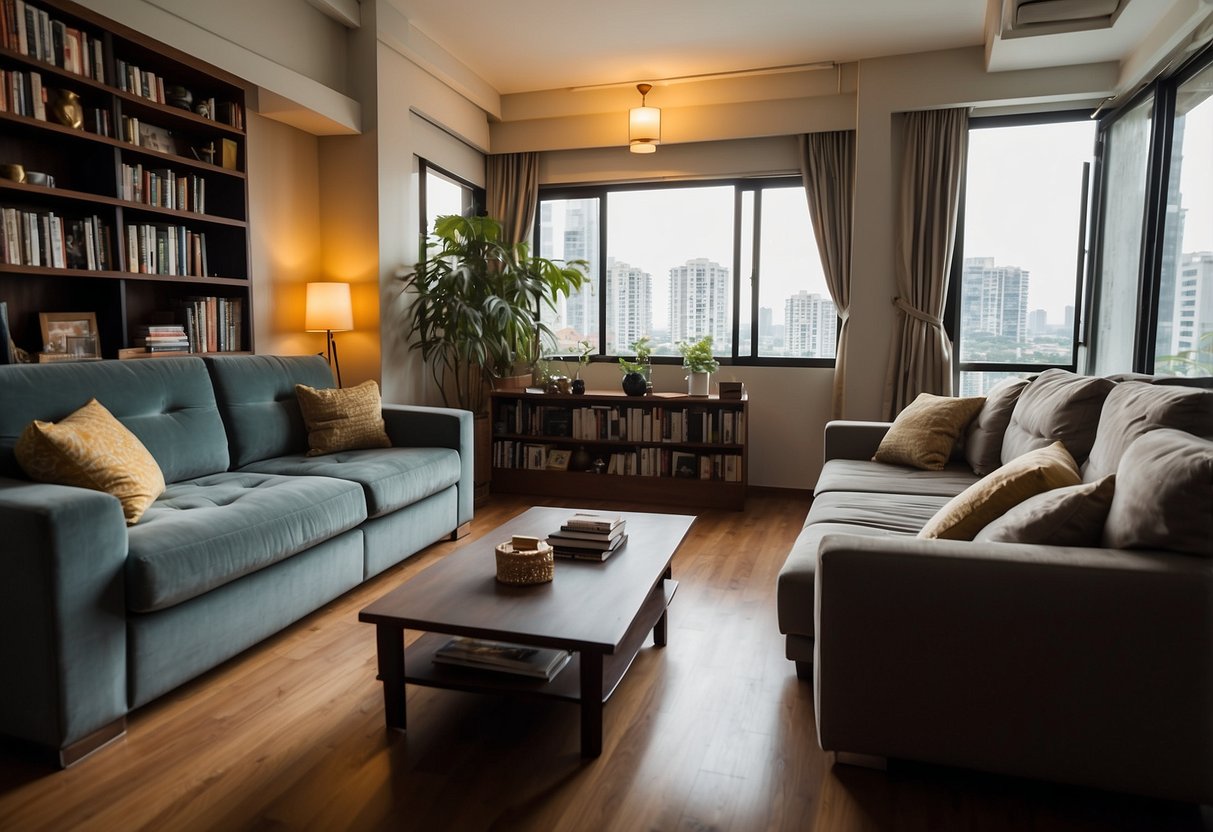 A cozy living room with a plush sofa, coffee table, and bookshelf in a well-lit apartment in Toa Payoh North