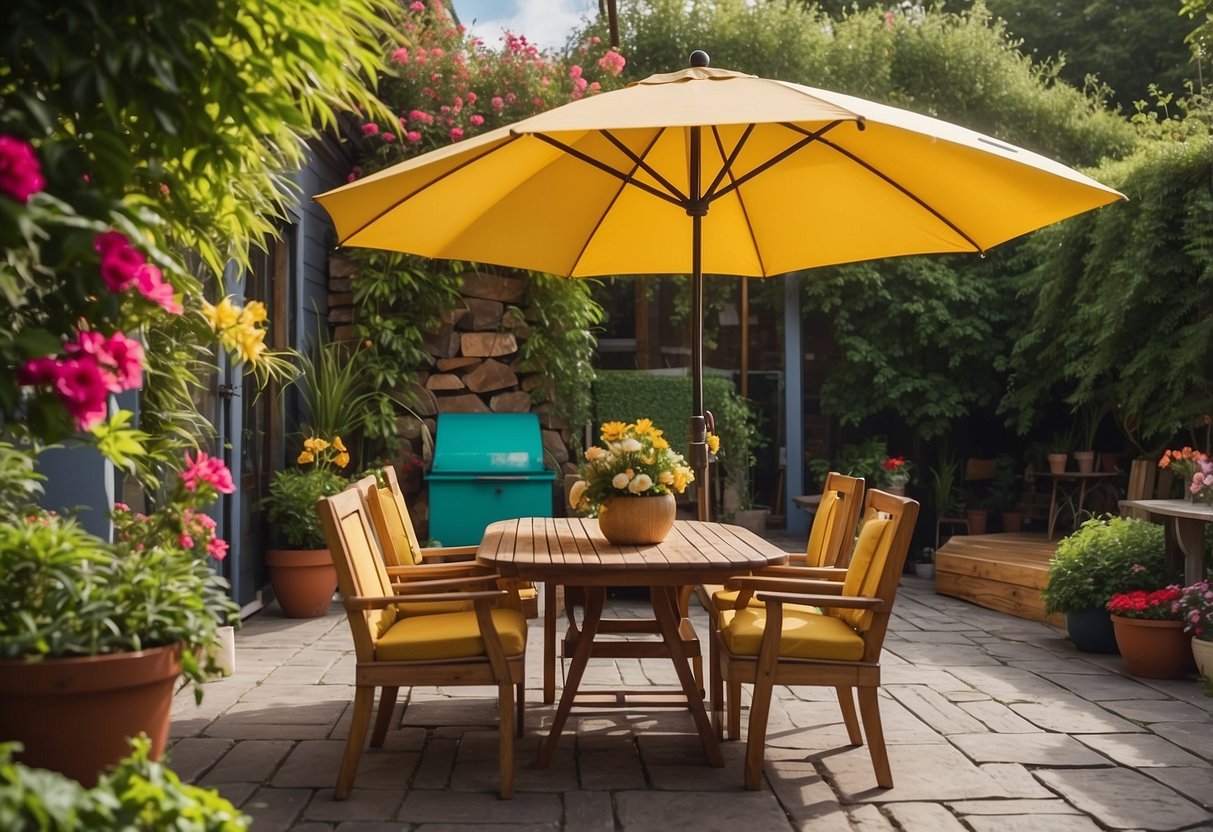 A cozy outdoor patio with a wooden table, chairs, and a colorful umbrella, surrounded by lush green plants and blooming flowers