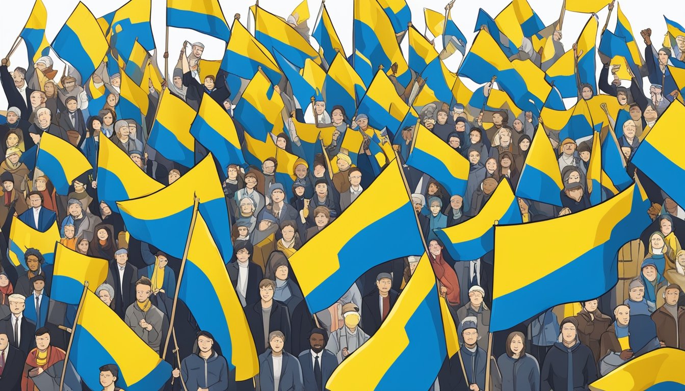 A group of diverse individuals from around the world stand together, holding up signs and flags in support of Ukraine